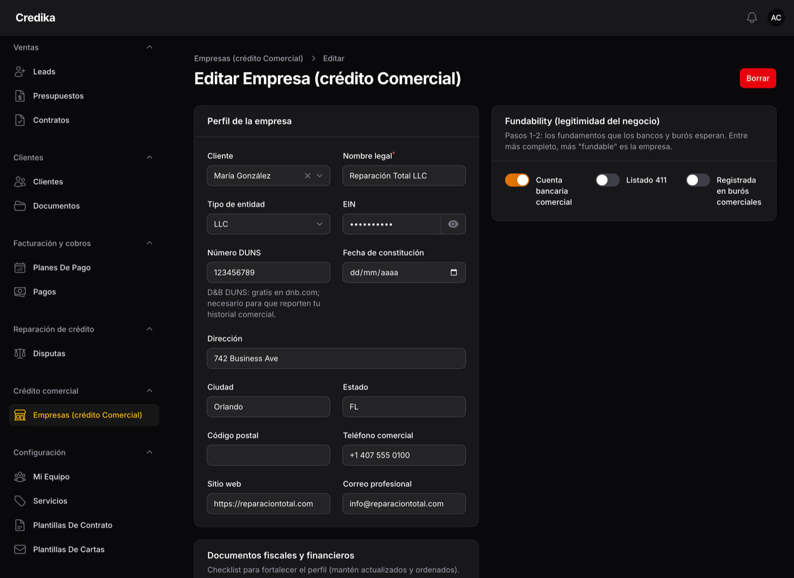 Módulo de crédito comercial de Credika