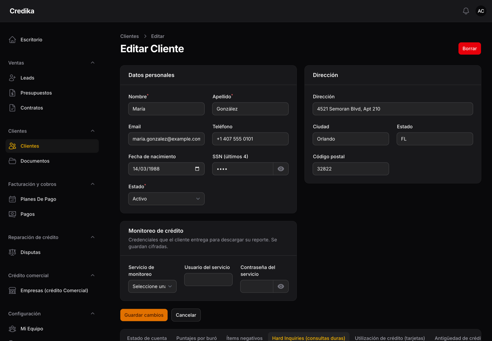Expediente del cliente en Credika